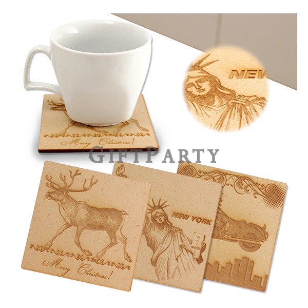 9cm方形木質密集板杯墊 淺雷雕 禮品party 客製化禮品 贈品 紀念品oem