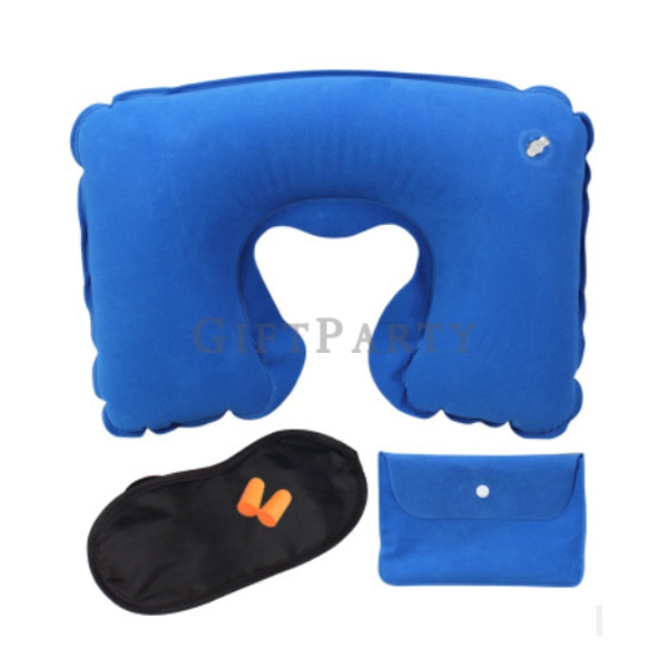禮品,贈品,禮贈品,紀念品-植絨充氣枕+眼罩+耳塞旅行三寶藍