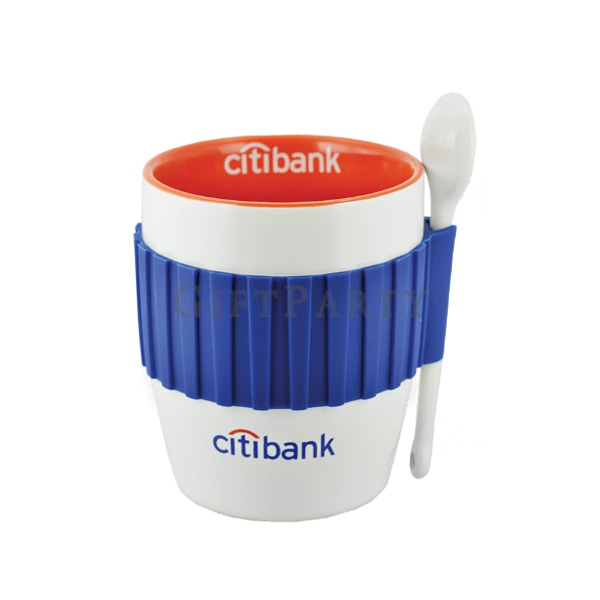 Ceramic cup and silicone insulation sleeve,矽膠隔熱馬克杯帶匙,Advertising gifts,Custom logo gift Corporate Gi