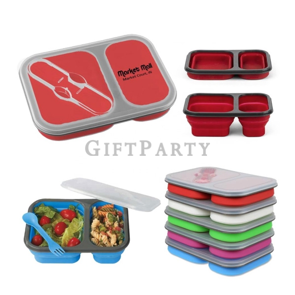 BPA free  2 section rectangle collapsible silicone lunch box,食品級矽膠折疊餐盒(二分格),2格餐盒,矽膠折疊餐盒,客製午餐盒,可微波餐盒,
