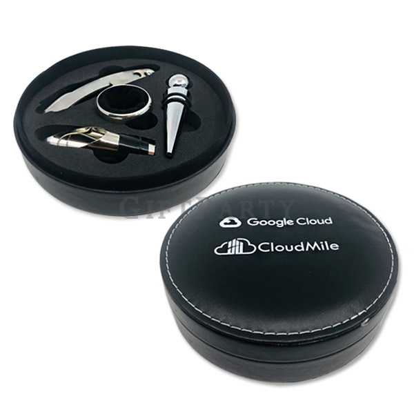 PU leather round wine bottle opener gift box,-PU皮革圓形紅酒開瓶器禮盒, Wine gift, pourer, custom wine, wine gi