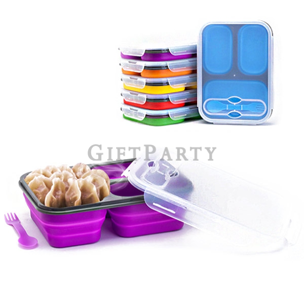 BPA free 3 Compartments Collapsible Silicone Bento Lunch Box with Lids,三格食品級矽膠折疊餐盒(可微波),BPA free 3 C