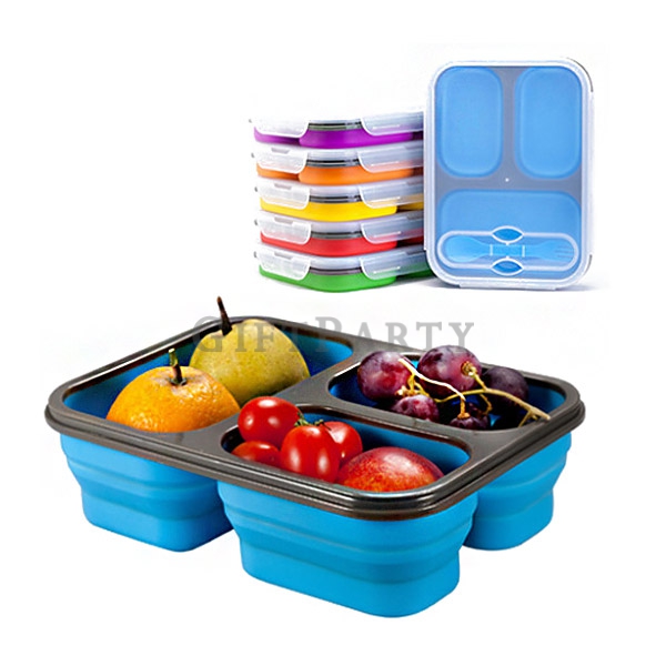 BPA free 3 Compartments Collapsible Silicone Bento Lunch Box with Lids,三格食品級矽膠折疊餐盒(可微波),BPA free 3 C