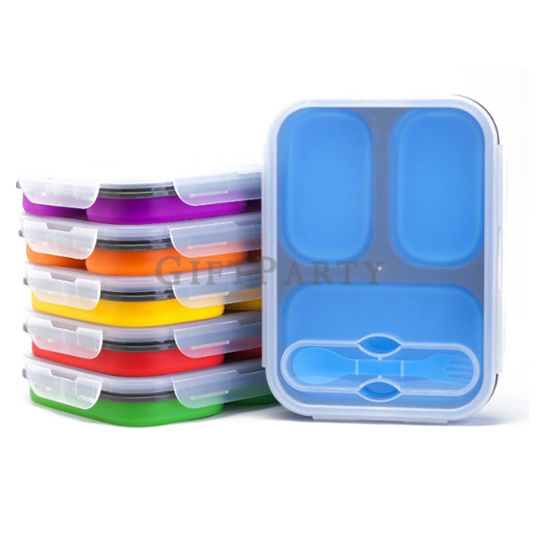 BPA free 3 Compartments Collapsible Silicone Bento Lunch Box with Lids,三格食品級矽膠折疊餐盒(可微波),BPA free 3 ,