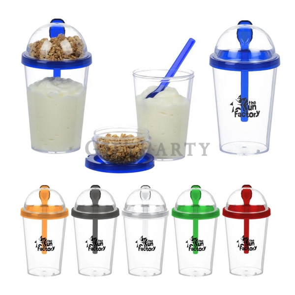 Plastic tumbler top snack food container spoon inner dessert cup with lid,PP雙層小吃杯塑料杯,廣告贈品,促銷贈品,企業贈品,