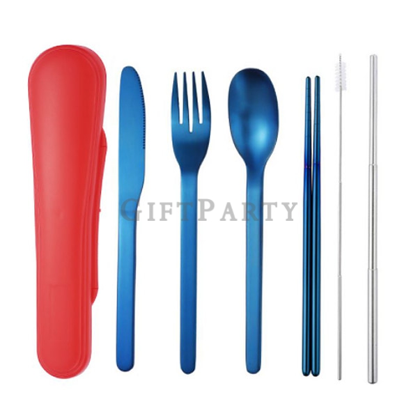 6piece stainless steel cutlery set,,設計款餐具組,環保餐組,不鏽鋼餐具組6件套,電鍍藍色環保筷,潮牌禮品,日本贈品,品牌贈品,股東會贈品,
