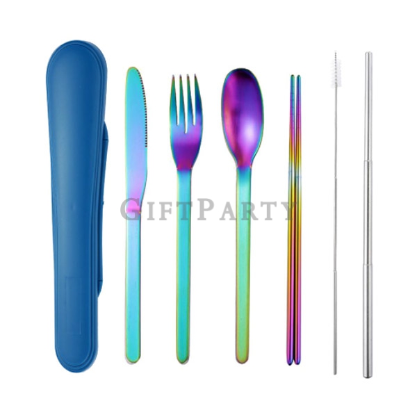 6piece stainless steel cutlery set,,設計款餐具組,環保餐組,不鏽鋼餐具組6件套,電鍍藍色環保筷,潮牌禮品,百貨公司贈品,品牌贈品,股東會贈品,