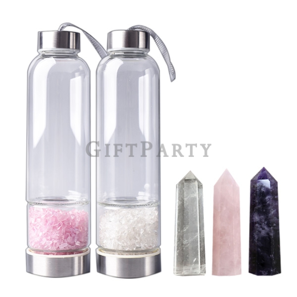 Energy Rose Quartz Crystal Infused Glass Water Bottle with Dreamy Amethyst Healing Wand and protecti