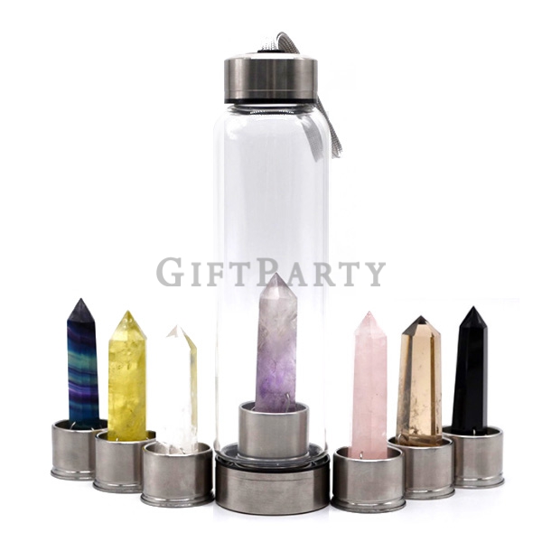Natural Wellness Gem Healing Gemstone Infused Glass Crystal Water Bottle,能量水晶柱玻璃水瓶4
