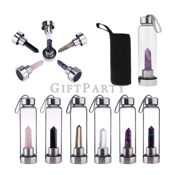 Energy Rose Quartz Crystal Infused Glass Water Bottle with Dreamy Amethyst Healing Wand and protecti