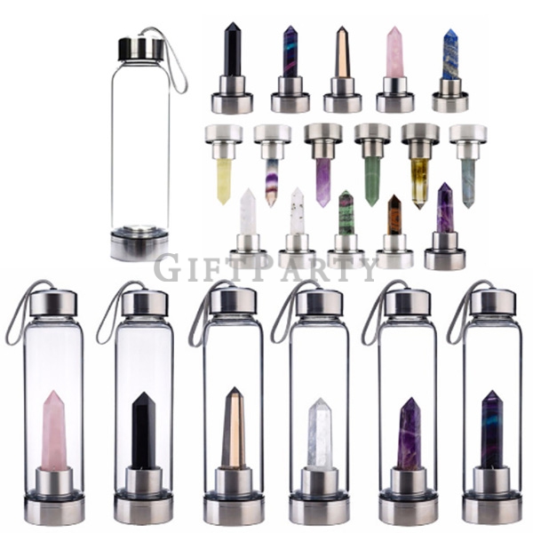 Energy Rose Quartz Crystal Infused Glass Water Bottle with Dreamy Amethyst Healing Wand and protecti