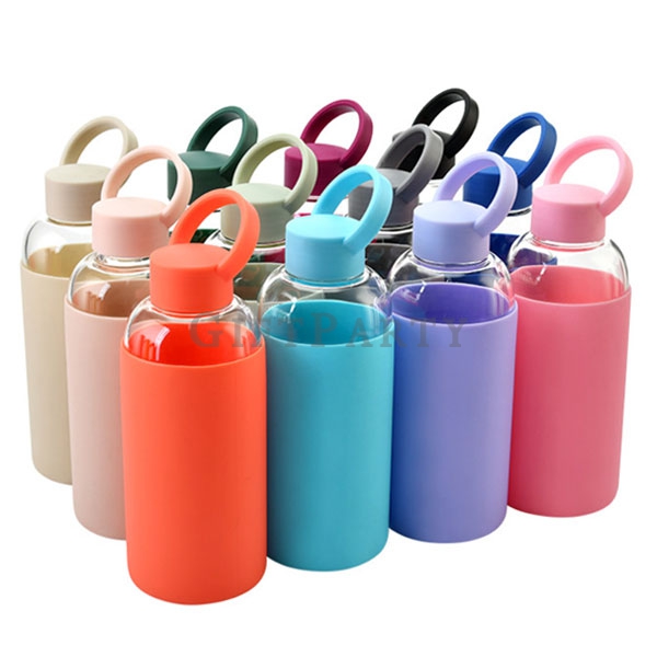 Glass water bottle add silicone sleeve 600ml,矽膠套手提高硼硅玻璃水瓶600ML,Advertising gifts, brand souvenirs,
