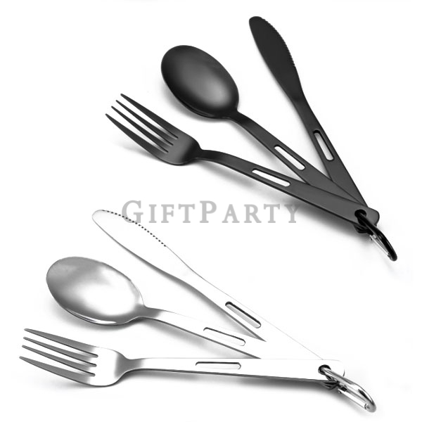 Outdoor camping stainless steel cutlery set,戶外露營不鏽鋼餐具組三件帶登山扣