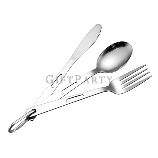 Outdoor camping stainless steel cutlery set,戶外露營不鏽鋼餐具組三件帶登山扣